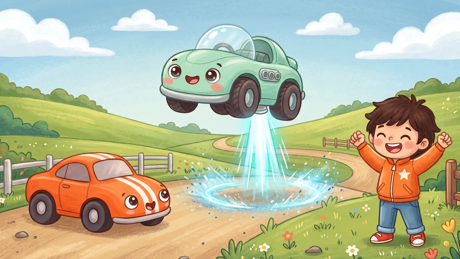 Rio cheers on a sunny race track while Zip, a chubby mint-green toy race car with a friendly face, hops into the air on a puff of white air.