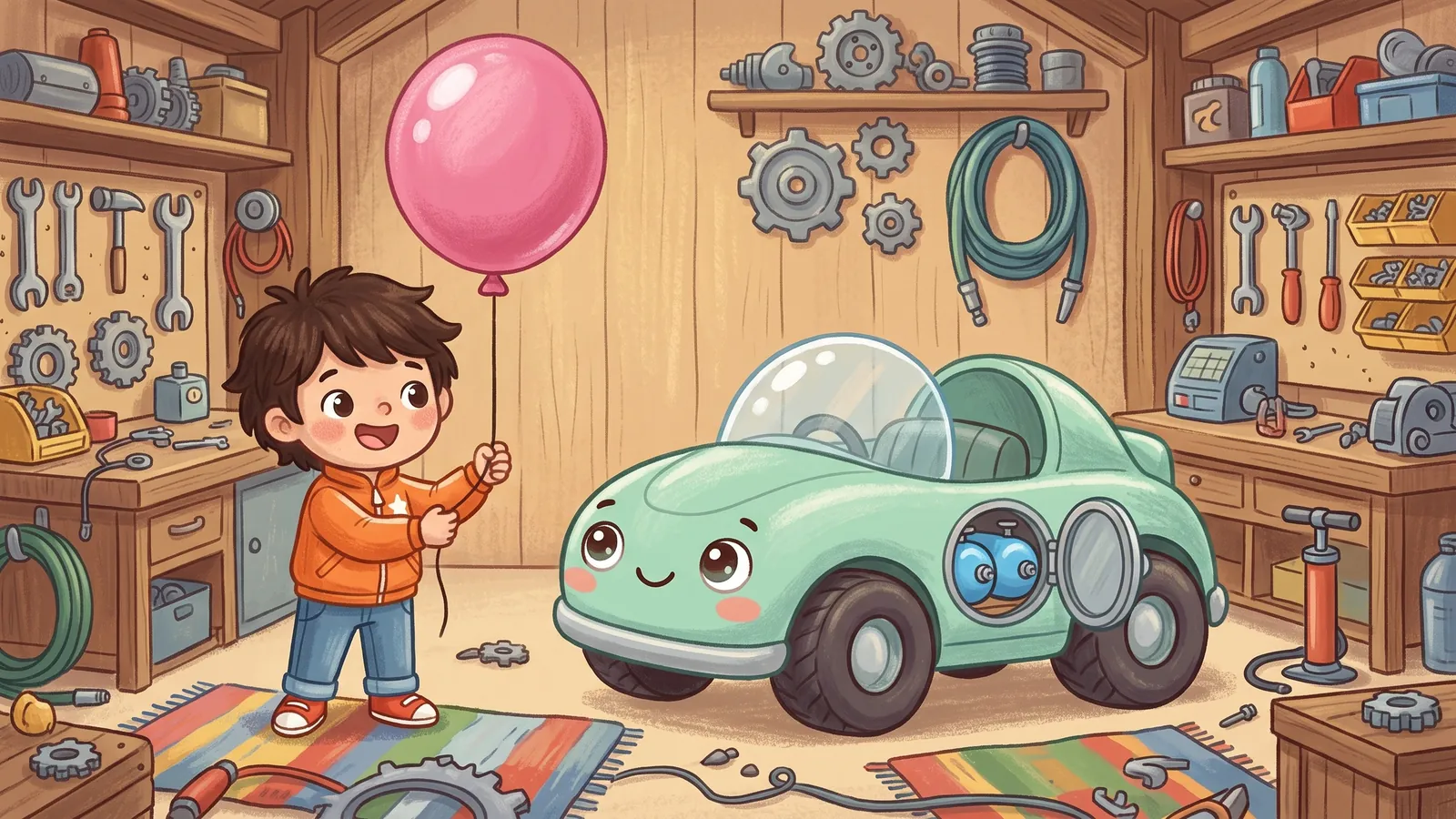 In a cozy workshop, Rio holds a big pink balloon. Zip has a little window in its side showing round blue air tanks inside.