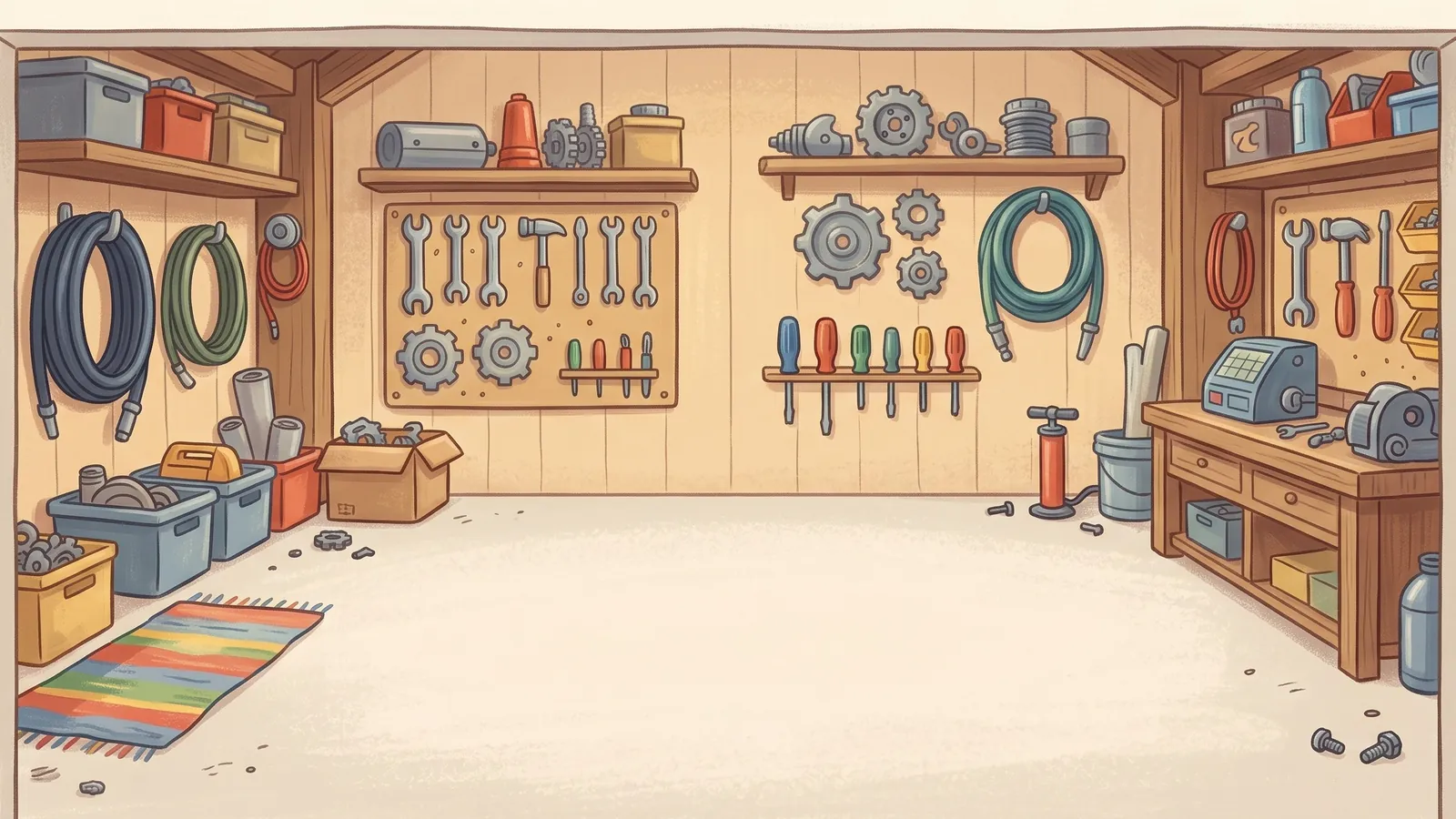 A bright, empty garage floor with tools on the walls.