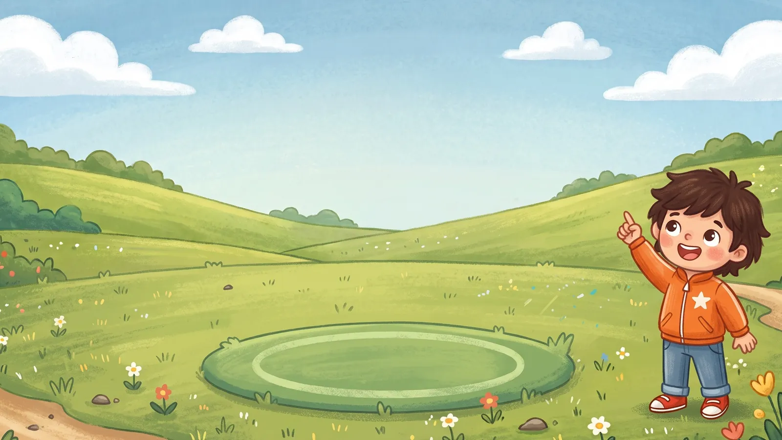 A soft green landing pad on a sunny field, with Rio watching from the side.