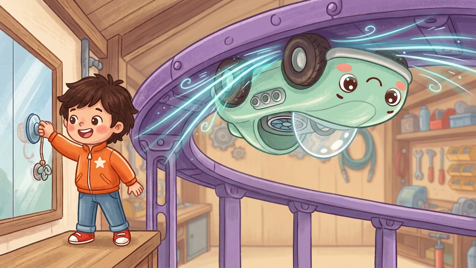 Zip drives upside down along the underside of a curved purple ramp, with little swirls of air being pulled in underneath it. Rio watches and presses a suction cup toy onto a window.