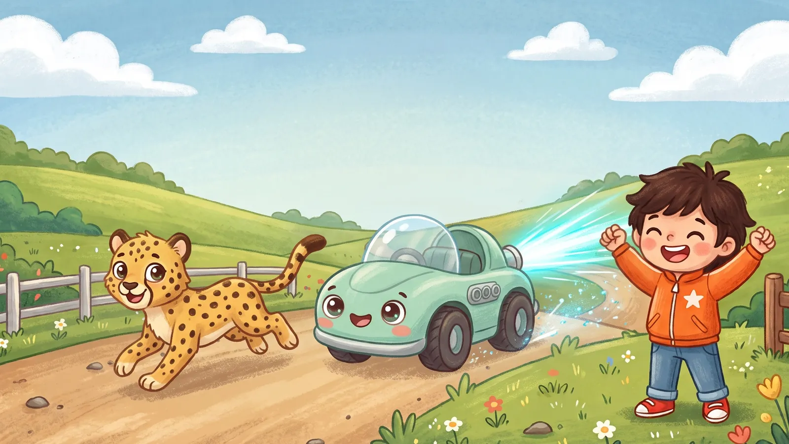 Zip zooms down a race track with a glowing jet of air blasting out of the back, next to a friendly cheetah running fast.