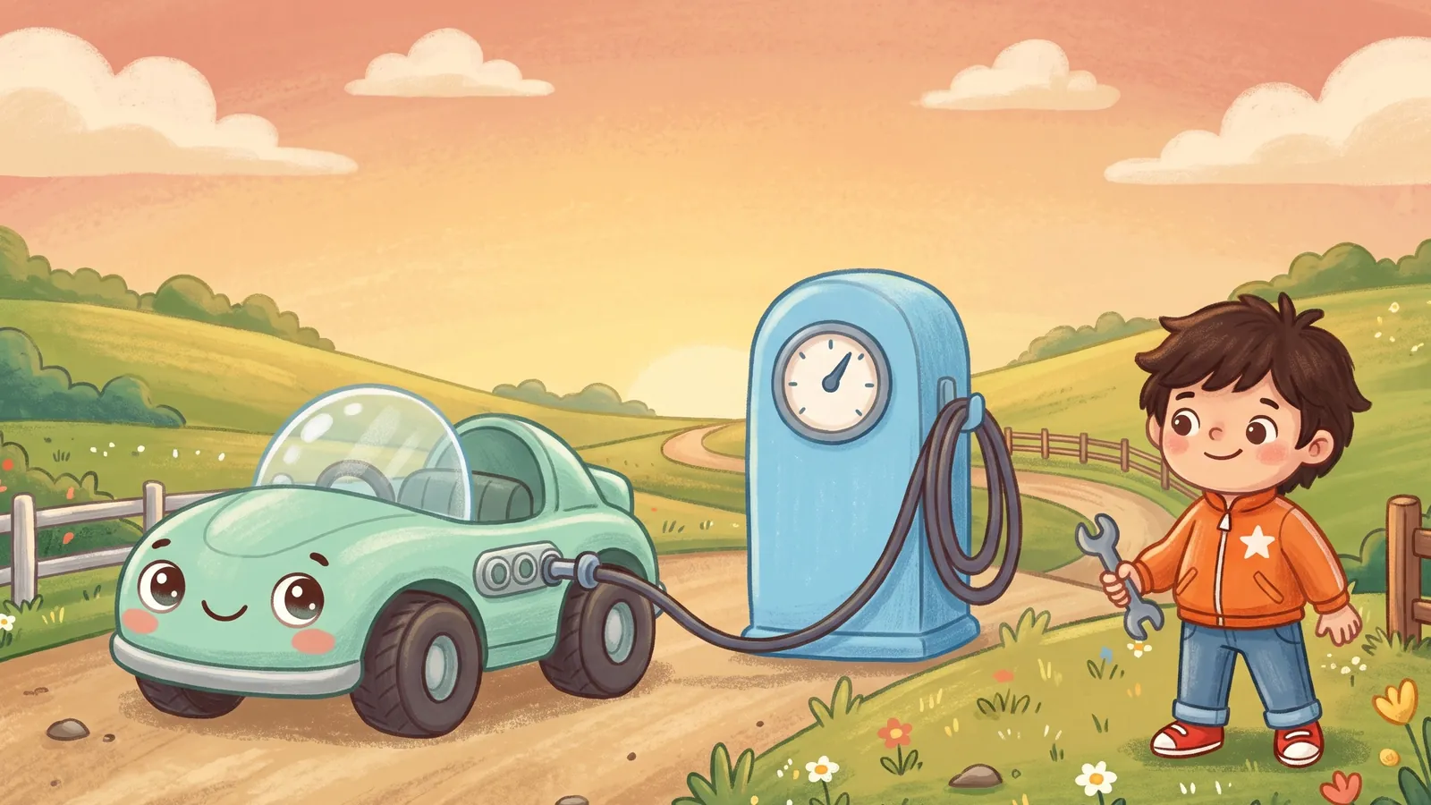 At sunset, Zip rests next to a sky-blue air pump with its hose plugged in, while Rio holds a little wrench and smiles.