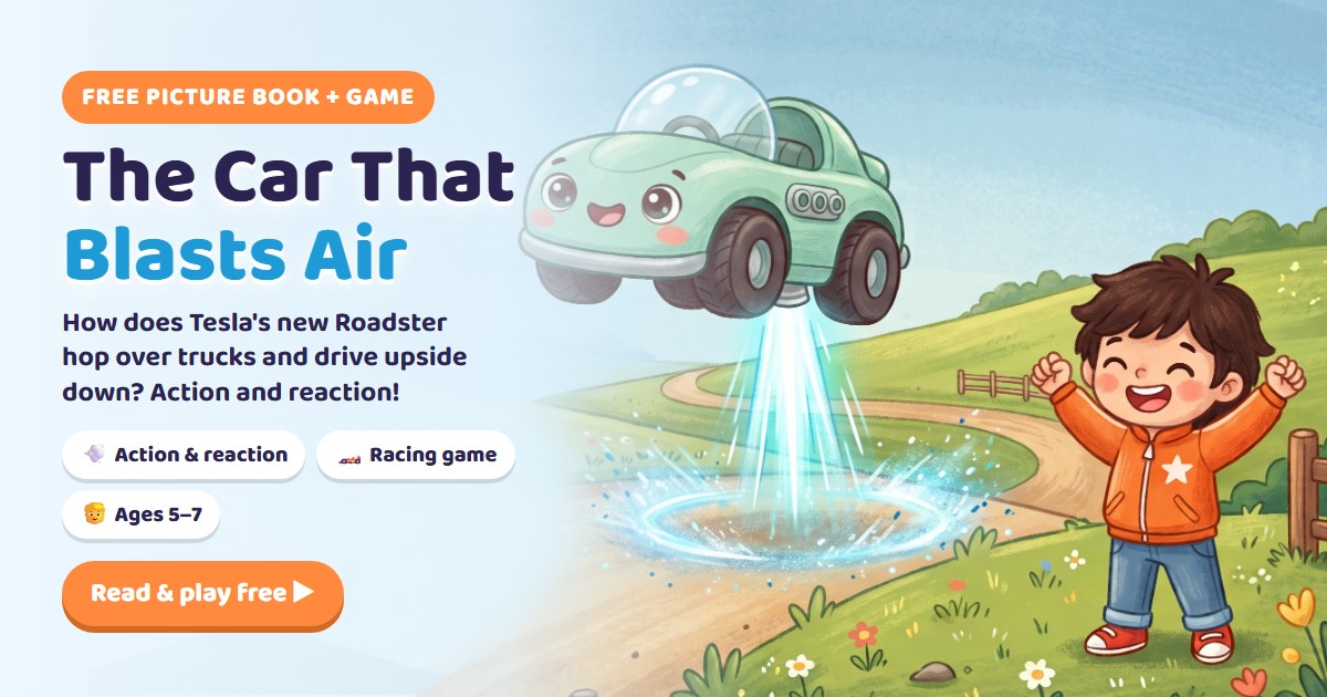 The Car That Blasts Air: Zip the mint-green toy race car hops on a glowing jet of air while Rio cheers.