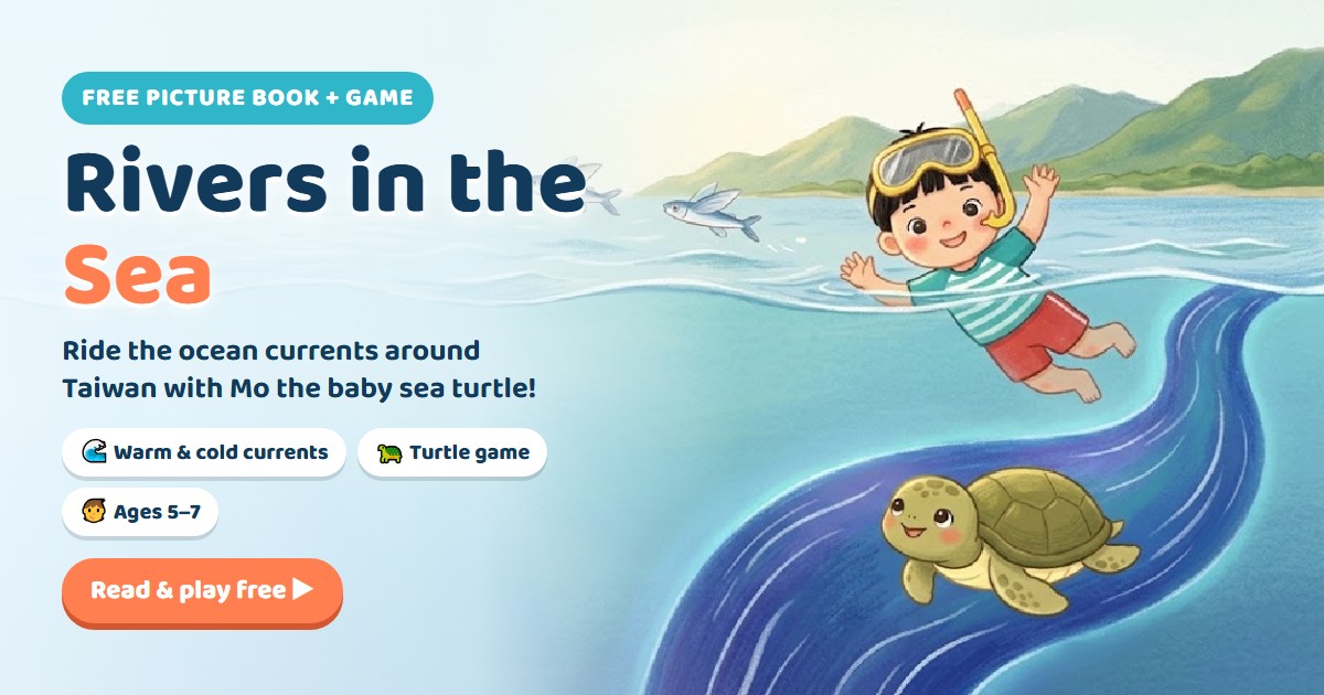 Rivers in the Sea: Kai snorkels near Taiwan while Mo the baby sea turtle rides a glowing blue ocean current.