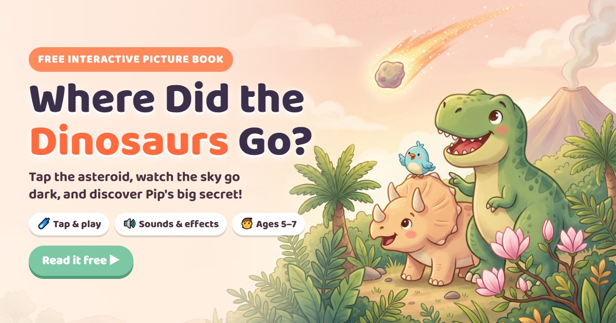 Where Did the Dinosaurs Go? Book cover with a T. rex, Triceratops and Pip the bird watching an asteroid.