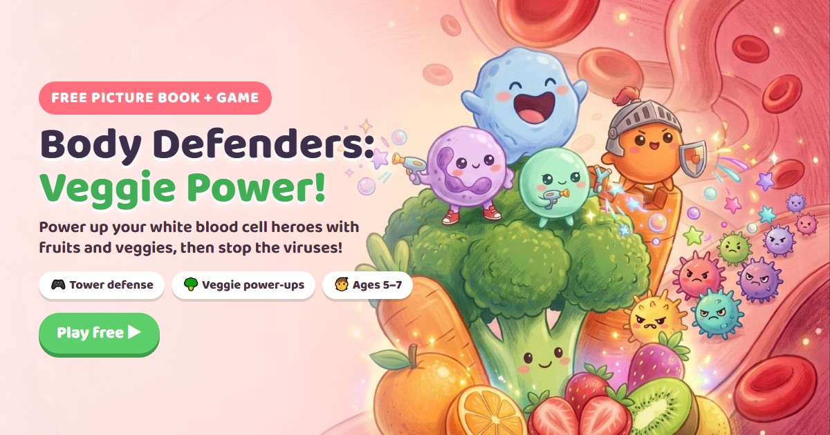 Body Defenders: Veggie Power! Four cute white blood cell heroes defend a broccoli fortress from cartoon viruses.