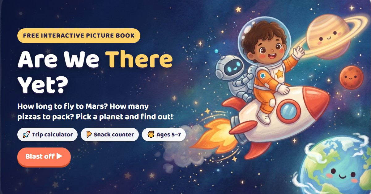Are We There Yet? Book cover with Nova the kid astronaut riding a rocket past Saturn and Mars.