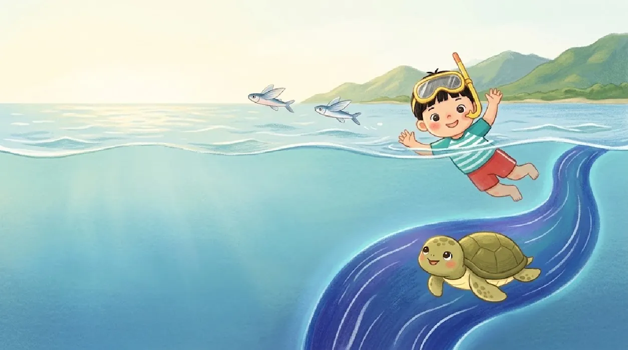 Kai waves from the sea near Taiwan's green mountains while Mo the baby sea turtle swims in a glowing blue ribbon of water and two flying fish glide above the waves.