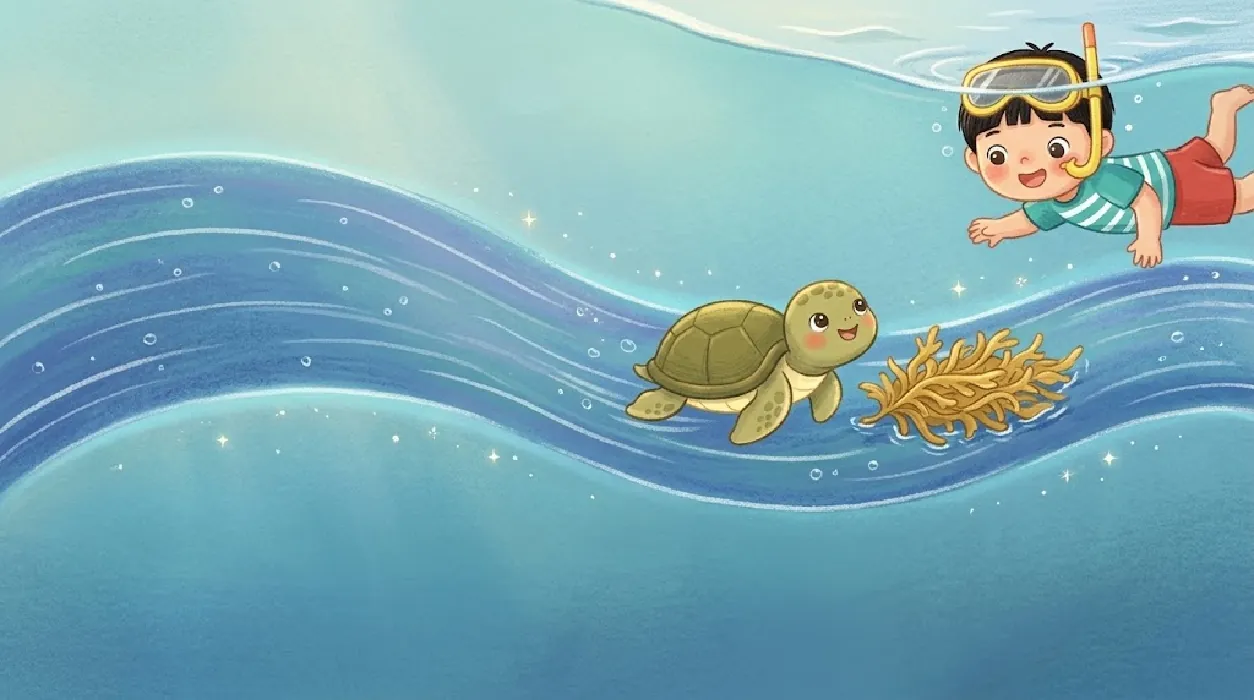 Underwater, Mo rides a wavy ribbon of darker blue water next to a floating clump of golden seaweed while Kai snorkels above.