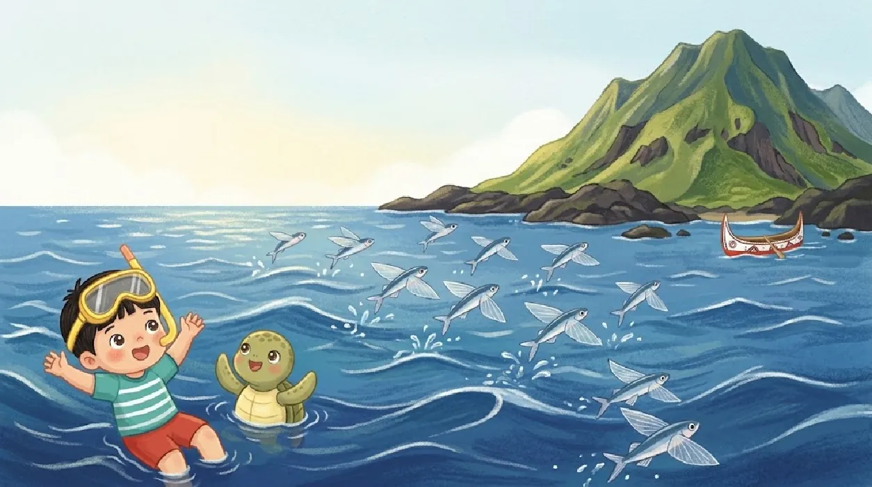A school of flying fish glides over the waves near the green, rocky Orchid Island while Kai and Mo cheer. A small painted wooden boat sits near the shore.