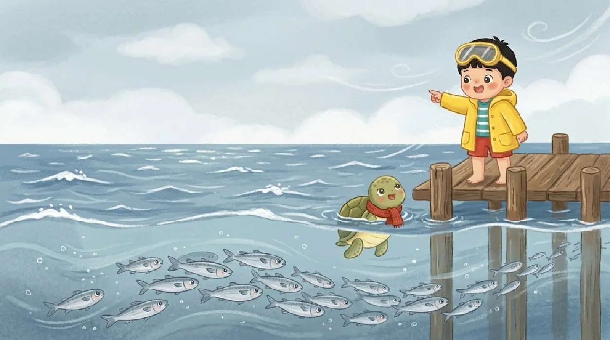 On a windy winter day Kai stands on a wooden pier in a yellow raincoat, pointing at the sea. Mo peeks out wearing a red scarf, and a school of gray mullet swims underwater.