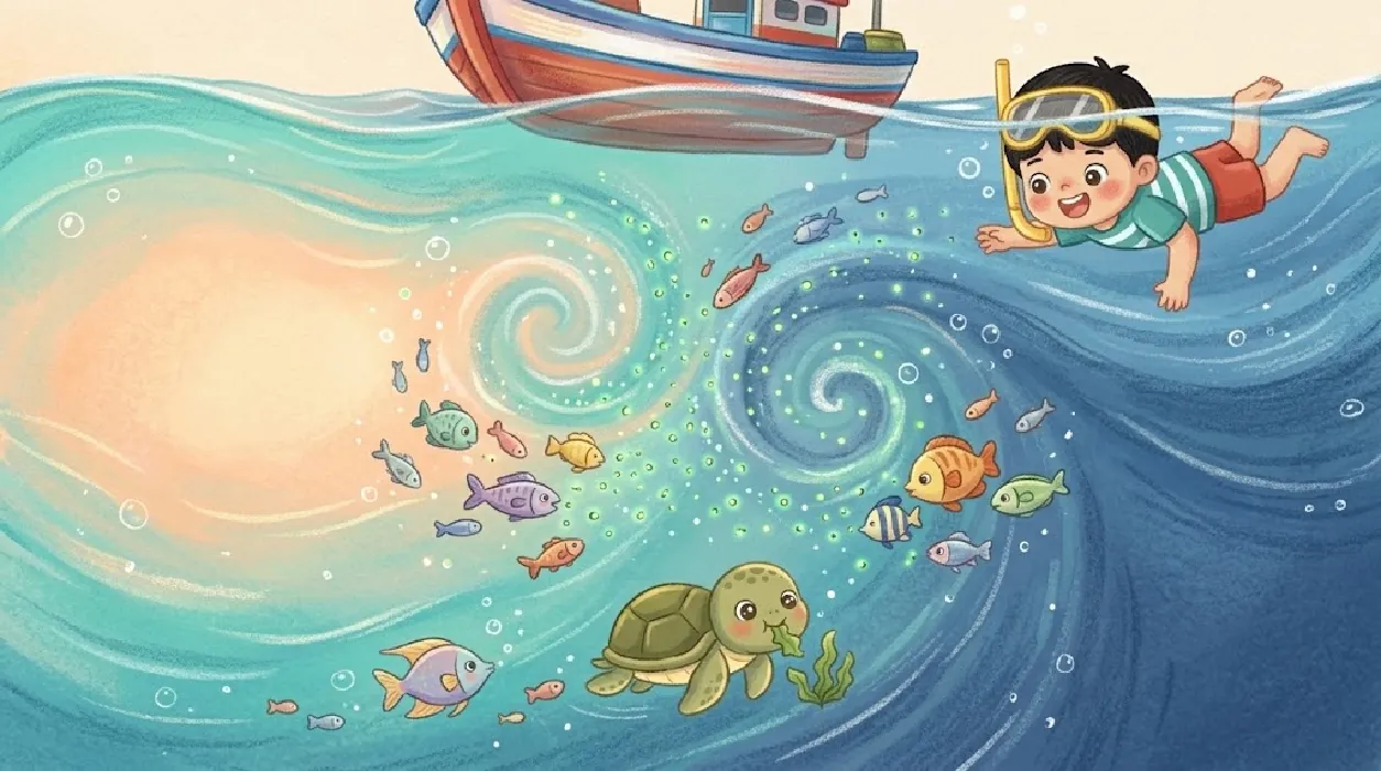 Underwater, warm peach-colored water on the left swirls into cool blue water on the right. Glowing green plankton fill the swirl and many colorful fish gather there. A fishing boat floats above.