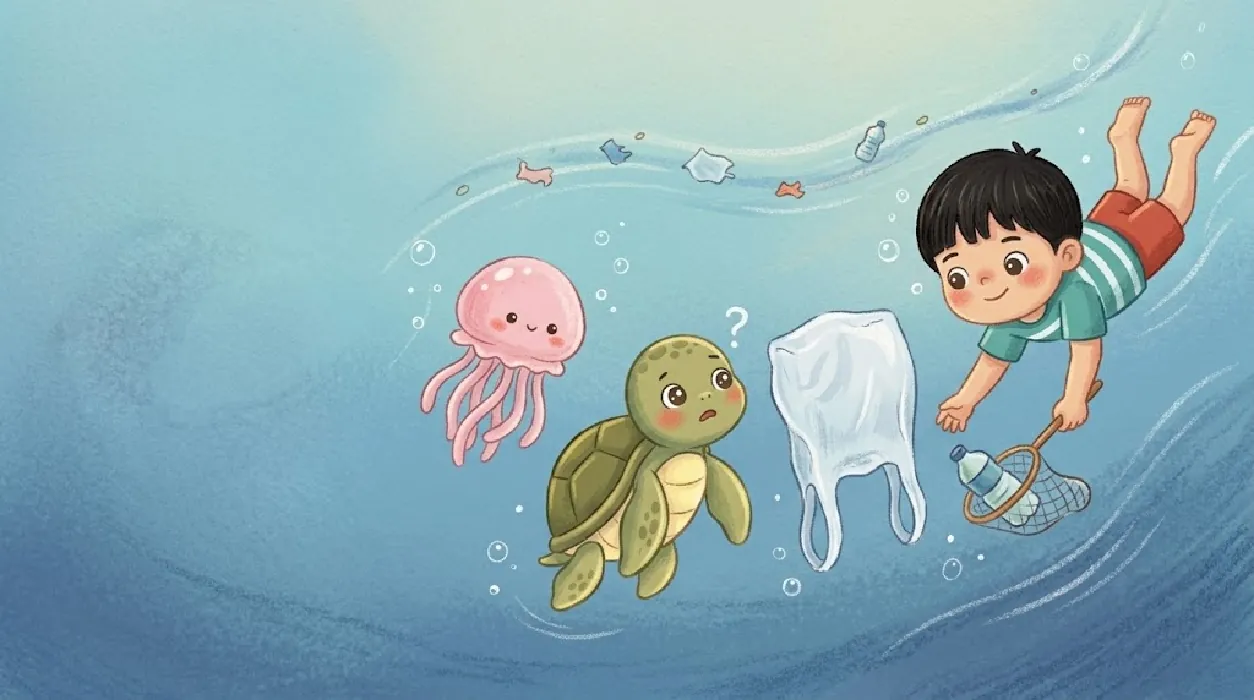 Mo looks puzzled between a pink jellyfish and a floating white plastic bag. Kai scoops up a plastic bottle with a net.