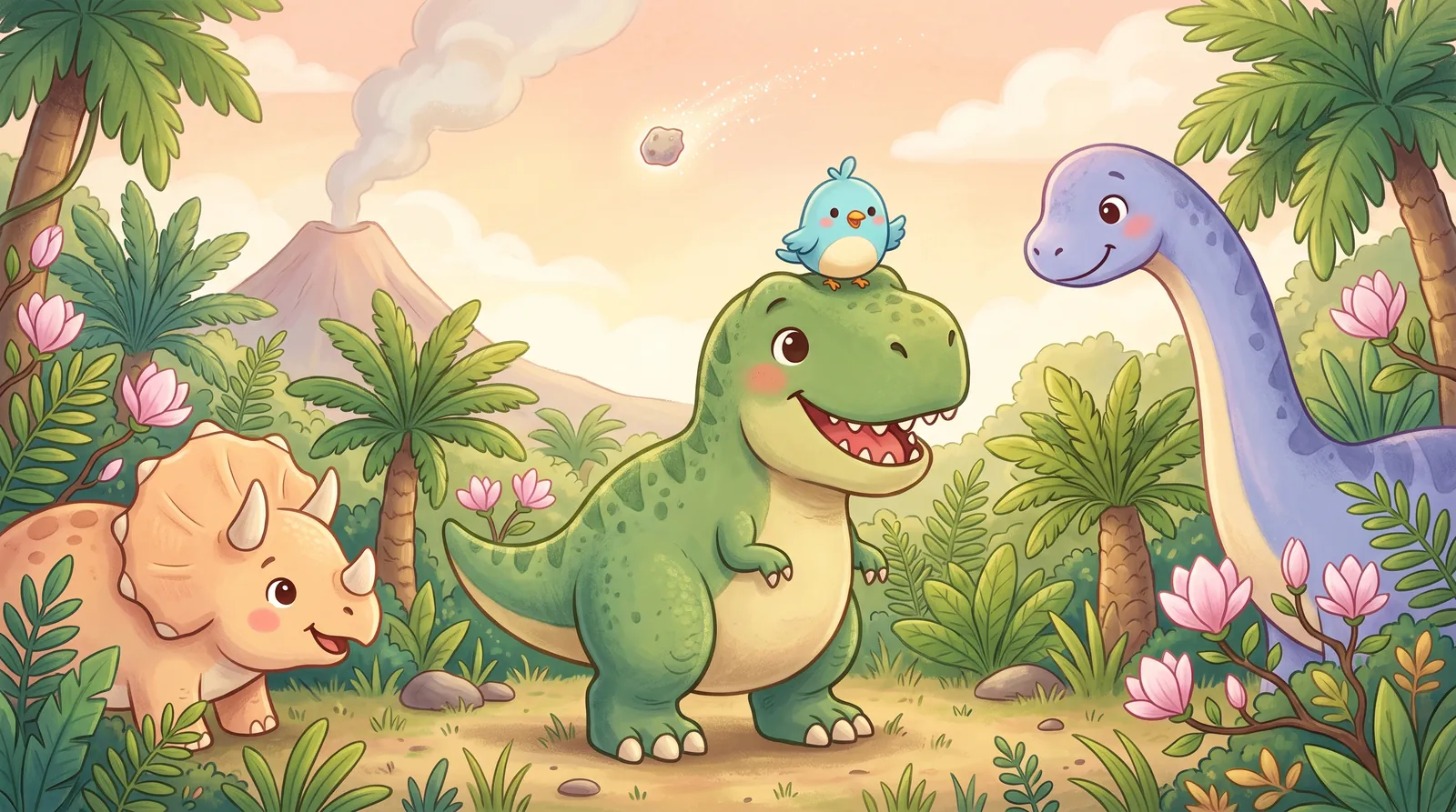 Pip the little blue bird sits on a friendly T. rex in a prehistoric jungle with a Triceratops and a long-necked dinosaur.