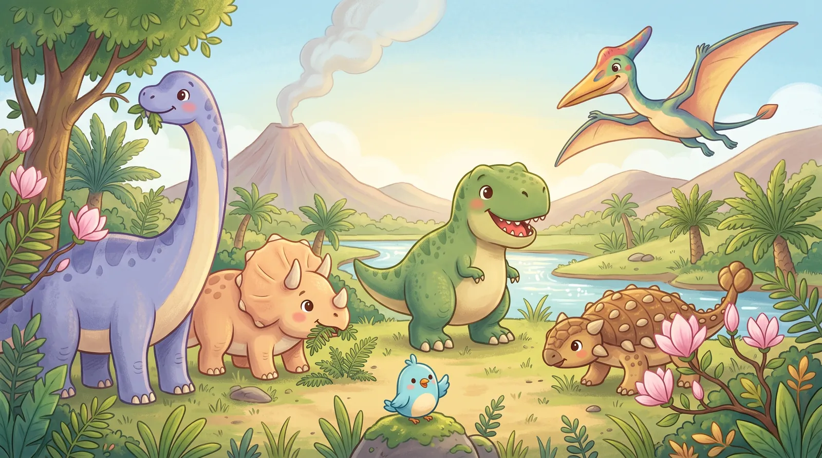 A sunny valley with a long-necked dinosaur, Triceratops, T. rex, Ankylosaurus and a flying Quetzalcoatlus.