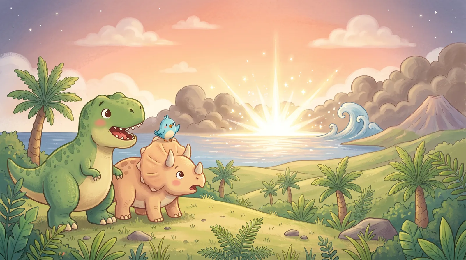 A bright flash on the horizon, dust clouds and a big wave, while the T. rex, Triceratops and Pip look surprised.