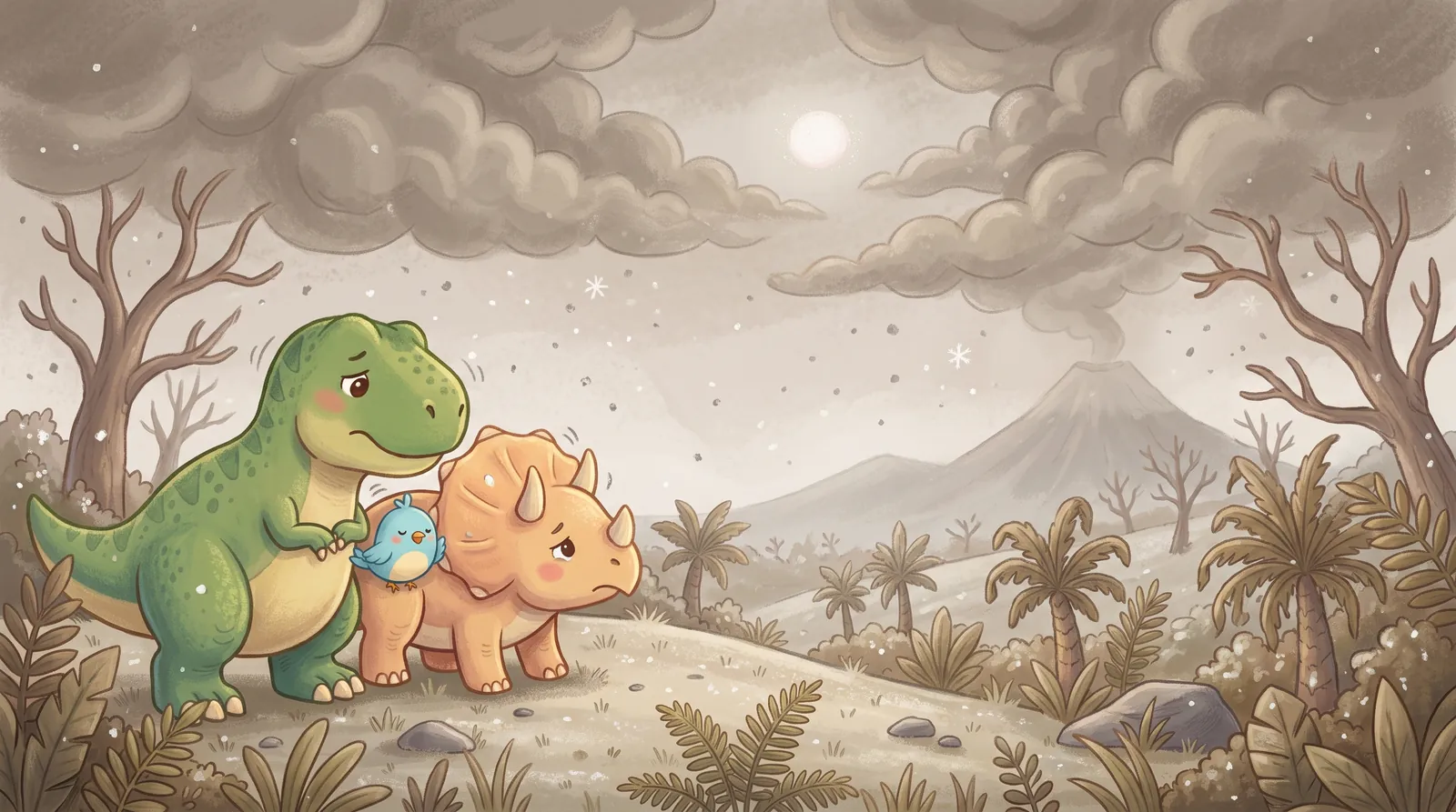 A dark, dusty sky with a dim sun. The T. rex, Triceratops and Pip huddle together in the cold.