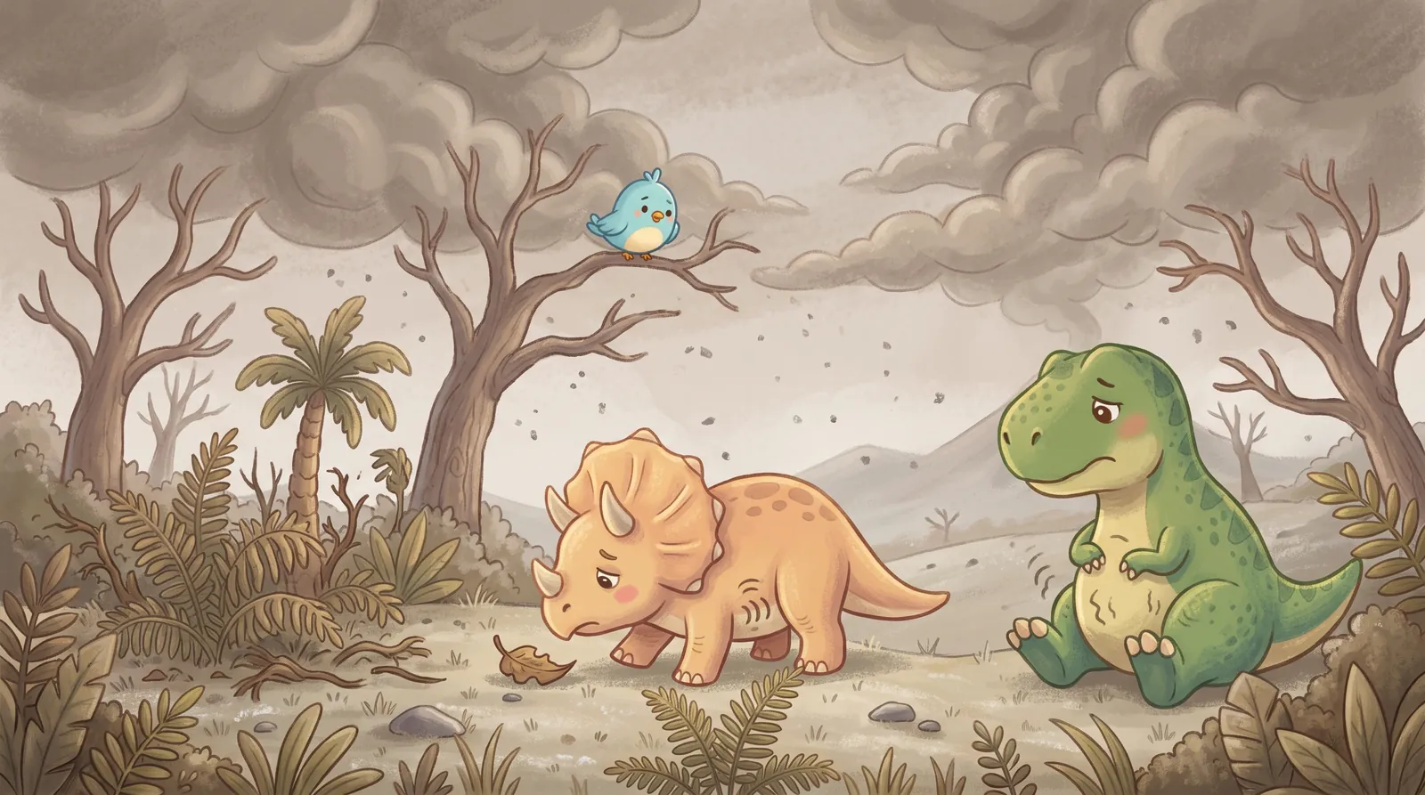 Wilted plants, a hungry Triceratops sniffing a dry leaf, and a hungry T. rex holding its tummy.
