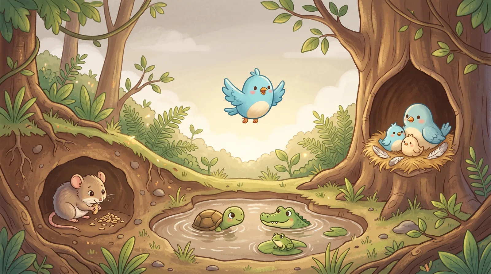 A tiny mammal in a burrow, a turtle, a crocodile and a frog in a pond, and a bird family in a tree hollow.