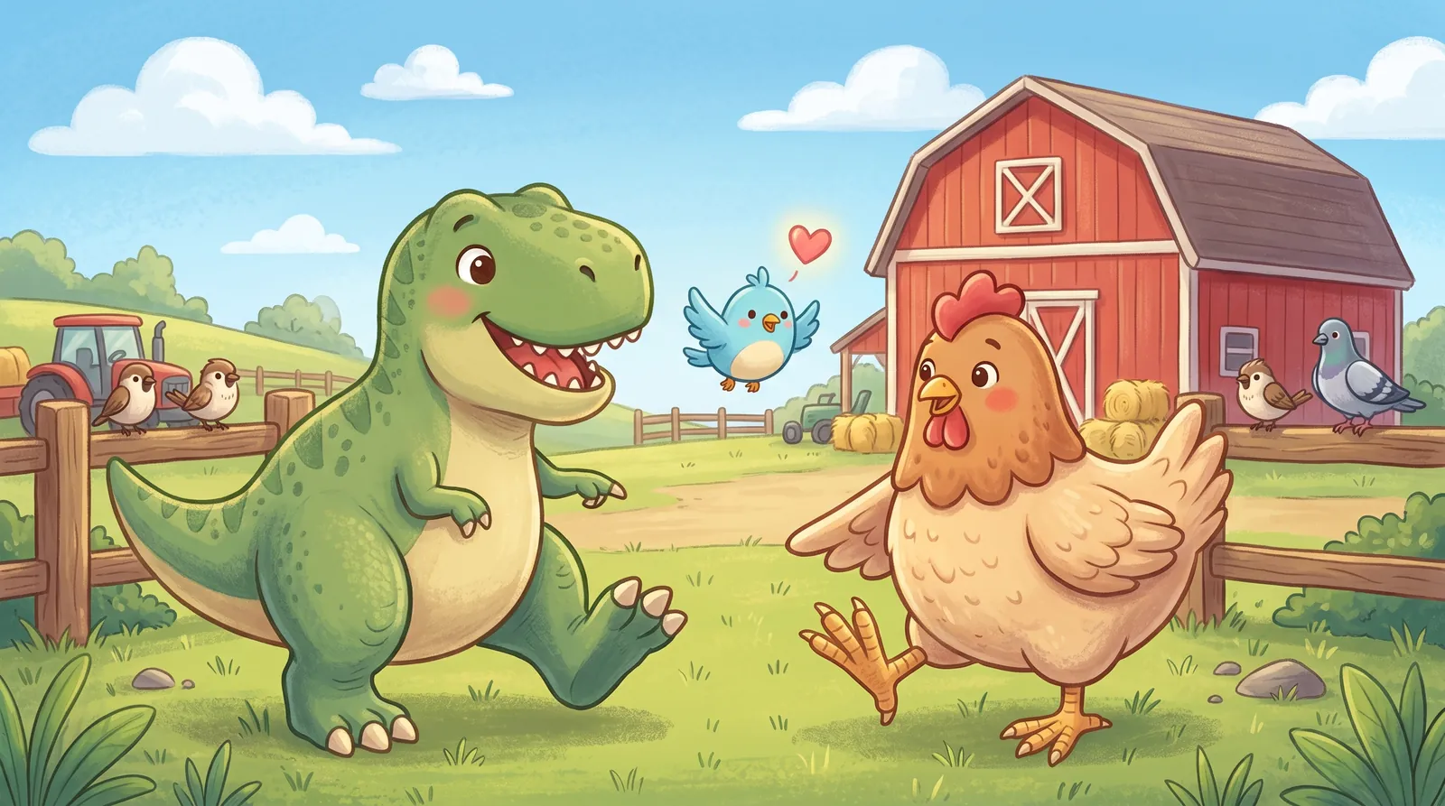 The T. rex and a chicken stand side by side on a farm, with Pip flying between them.