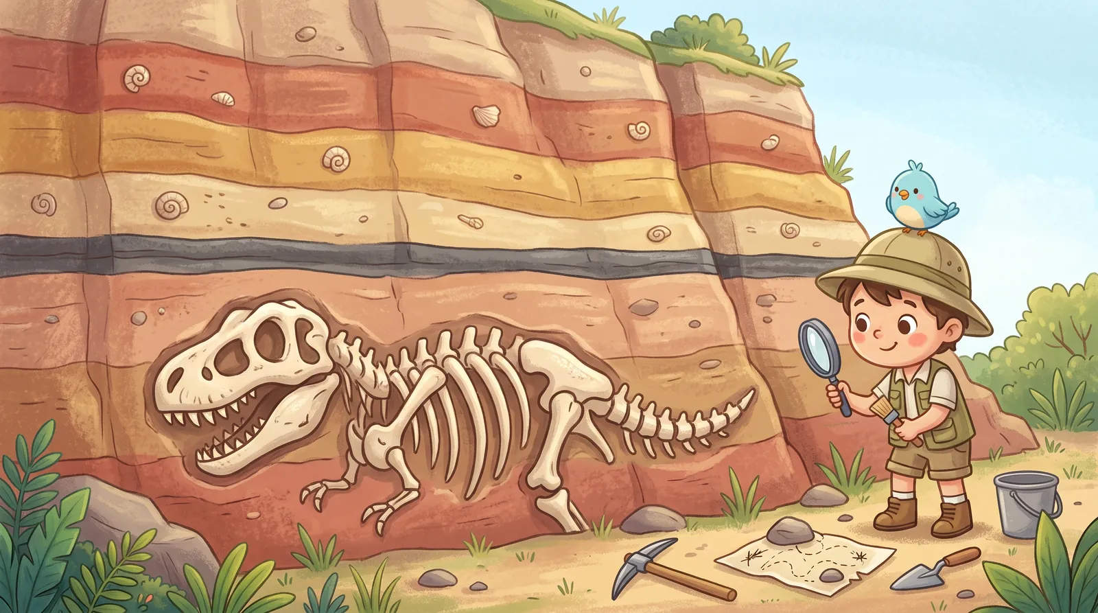 A cliff with colorful rock layers, a thin dark stripe, and dinosaur fossil bones below it. A kid scientist looks with a magnifying glass.