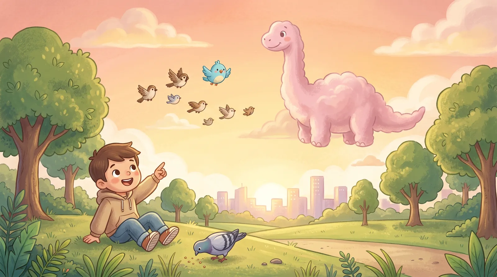 A kid in a park points at birds flying and a pink cloud shaped like a dinosaur.
