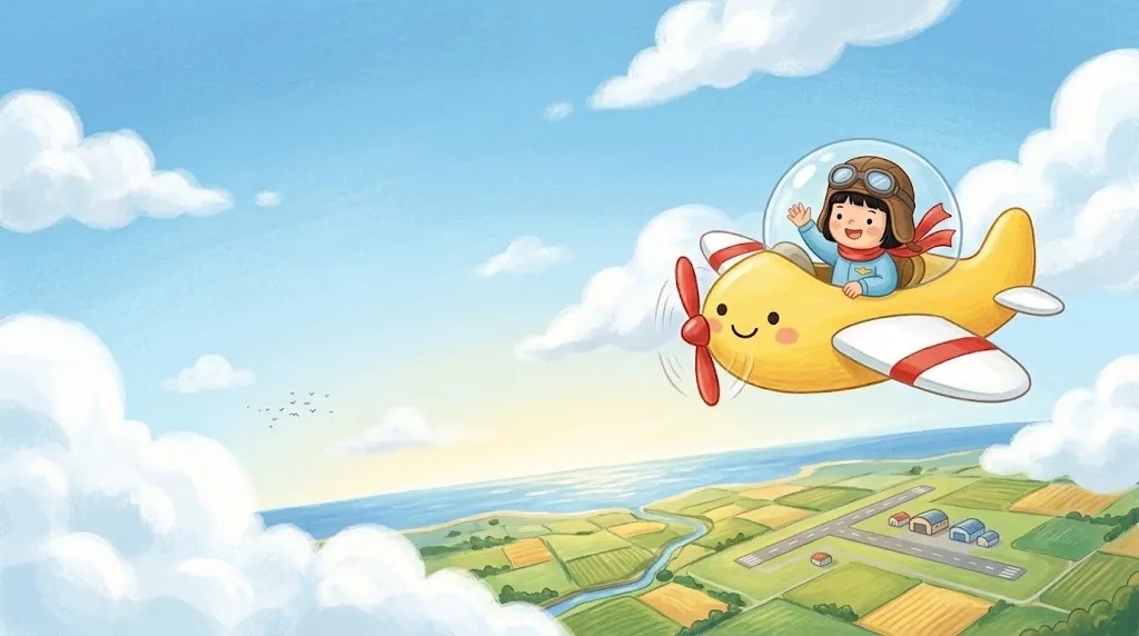 Lin waves from the bubble cockpit of Poppy, a chubby yellow propeller plane with a friendly face, flying over fields, a little airport and the sea.