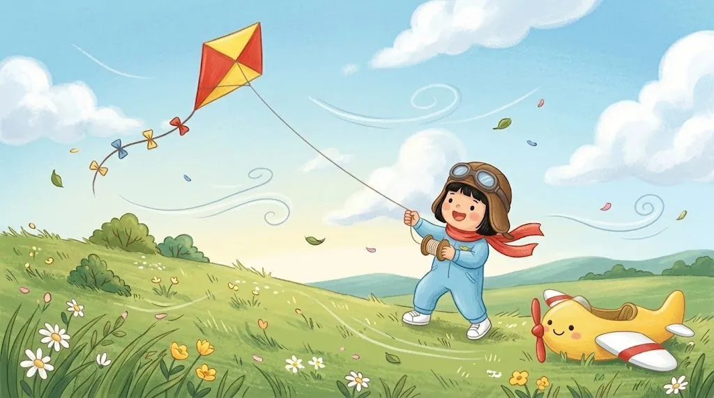On a windy green hill, Lin flies a red and yellow kite. Poppy the yellow plane is parked at the bottom of the hill.