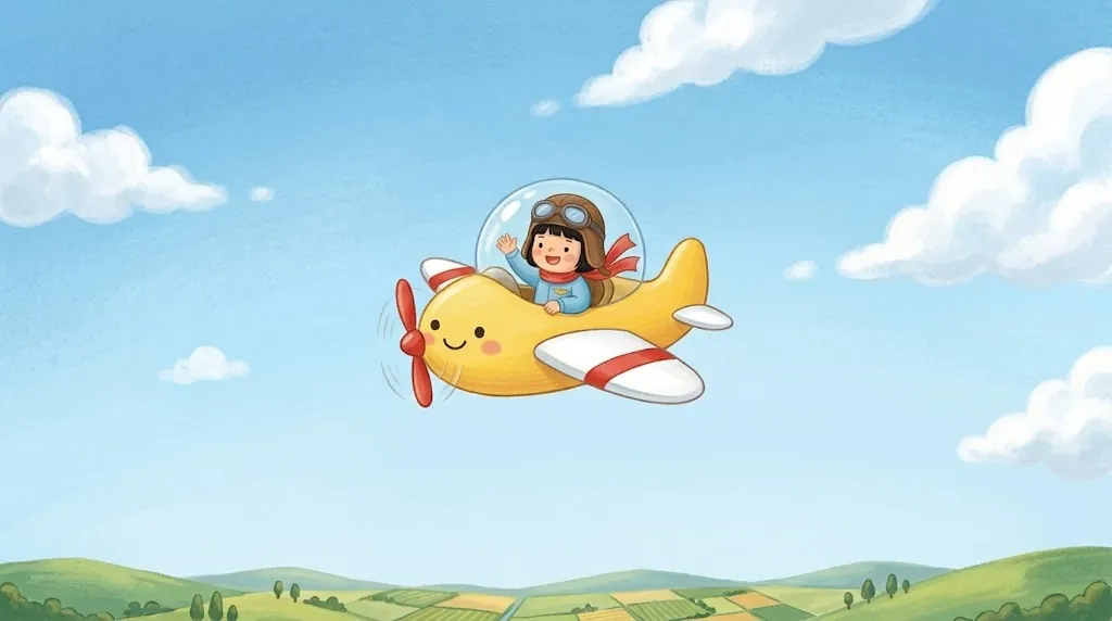 Poppy flies level through a clear blue sky with Lin in the cockpit.