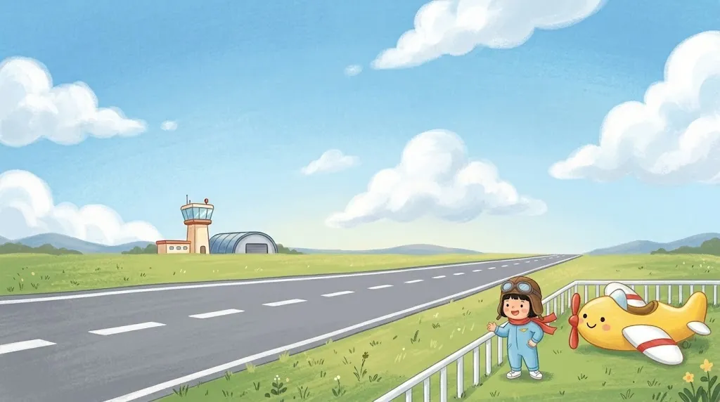 A long runway at a sunny airport. Lin and Poppy watch from behind the fence.