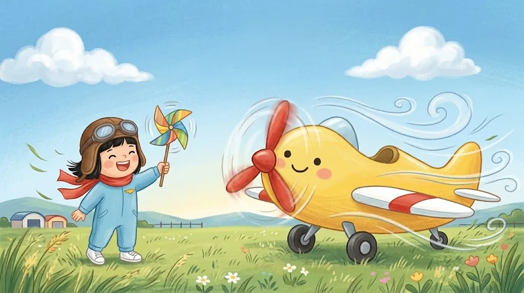 Lin holds a spinning paper pinwheel next to Poppy, whose propeller spins and blows swirls of air backward.