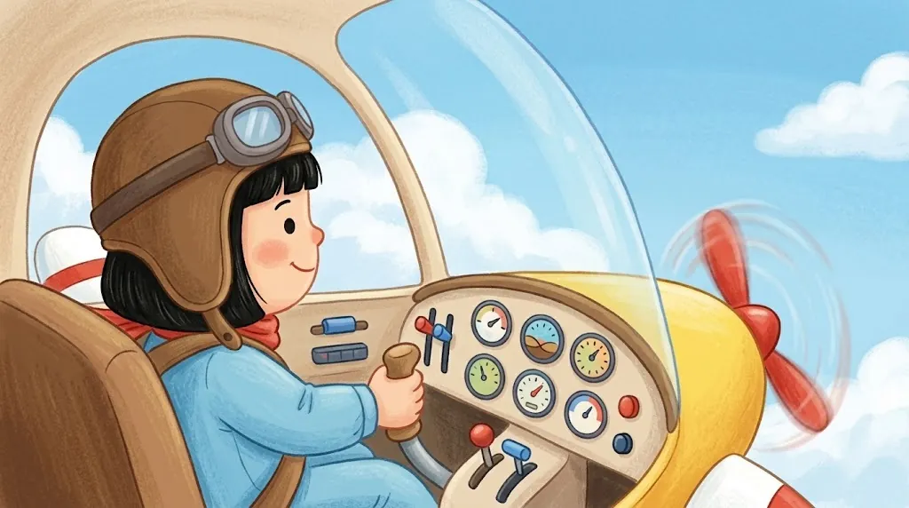 Lin sits in Poppy's cockpit holding the control stick, with round dials on the panel and blue sky through the window.