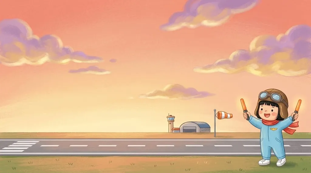 A runway at sunset with a windsock and a little control tower. Lin waves two orange marshalling wands from the grass.
