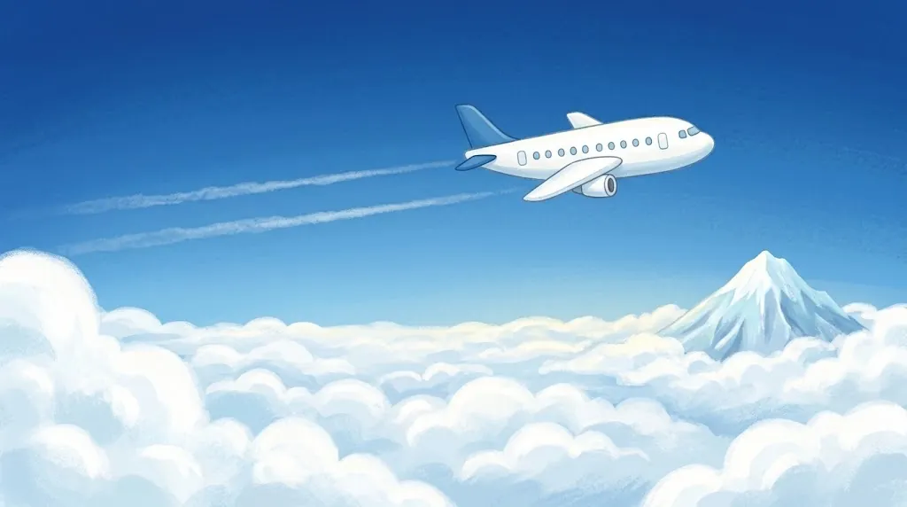 A white passenger jet cruises above a sea of clouds, with a snowy mountain peak poking through far away.