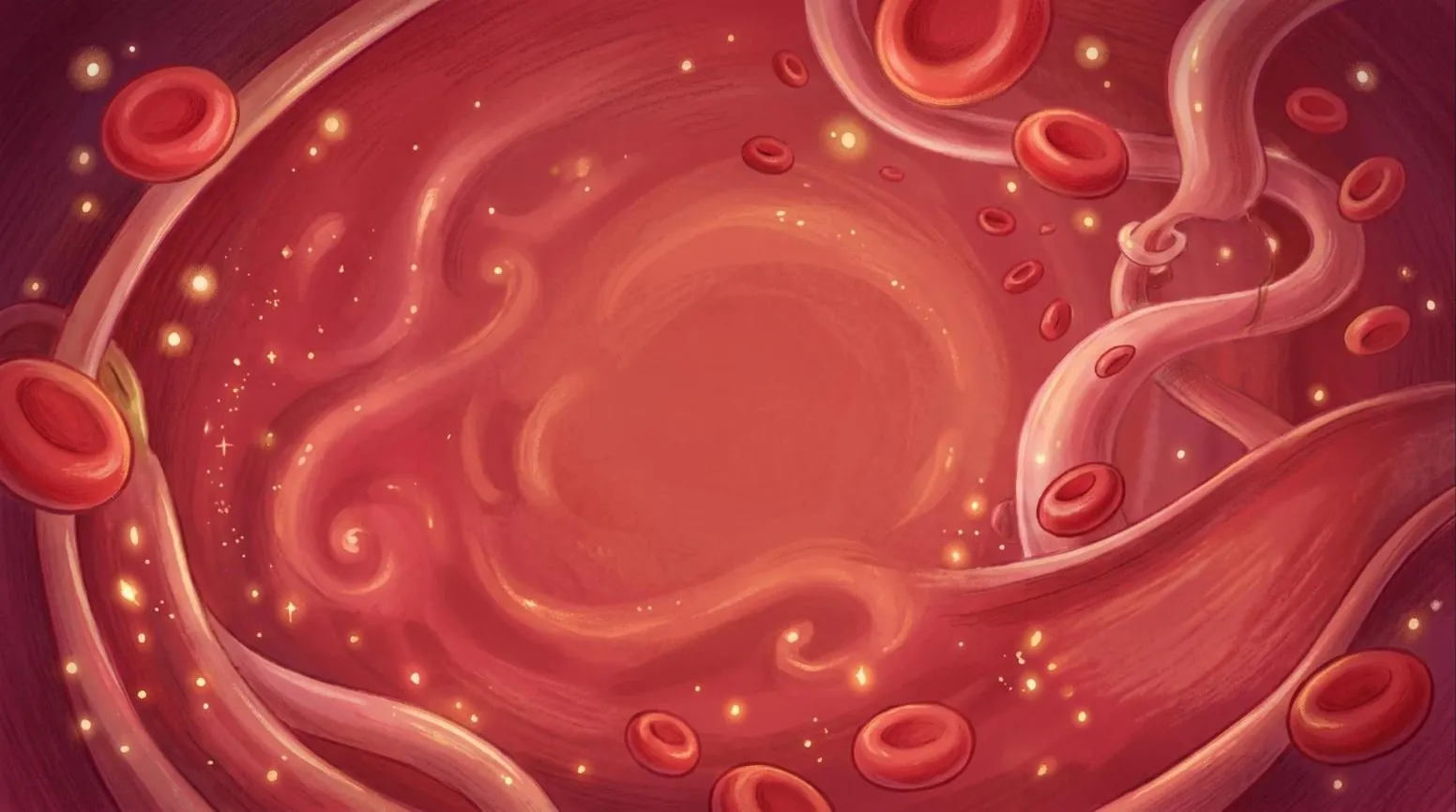 Inside a blood vessel with six cartoon viruses lined up from small to big.