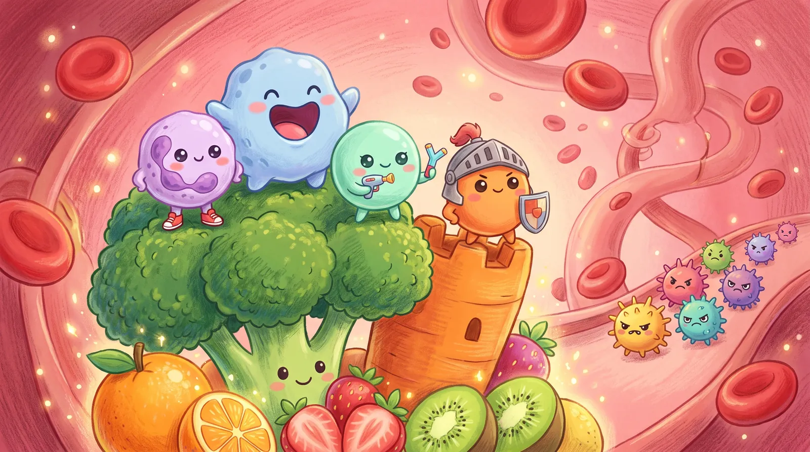 Four cute white blood cell heroes stand on a broccoli and carrot castle while little viruses sneak toward them.