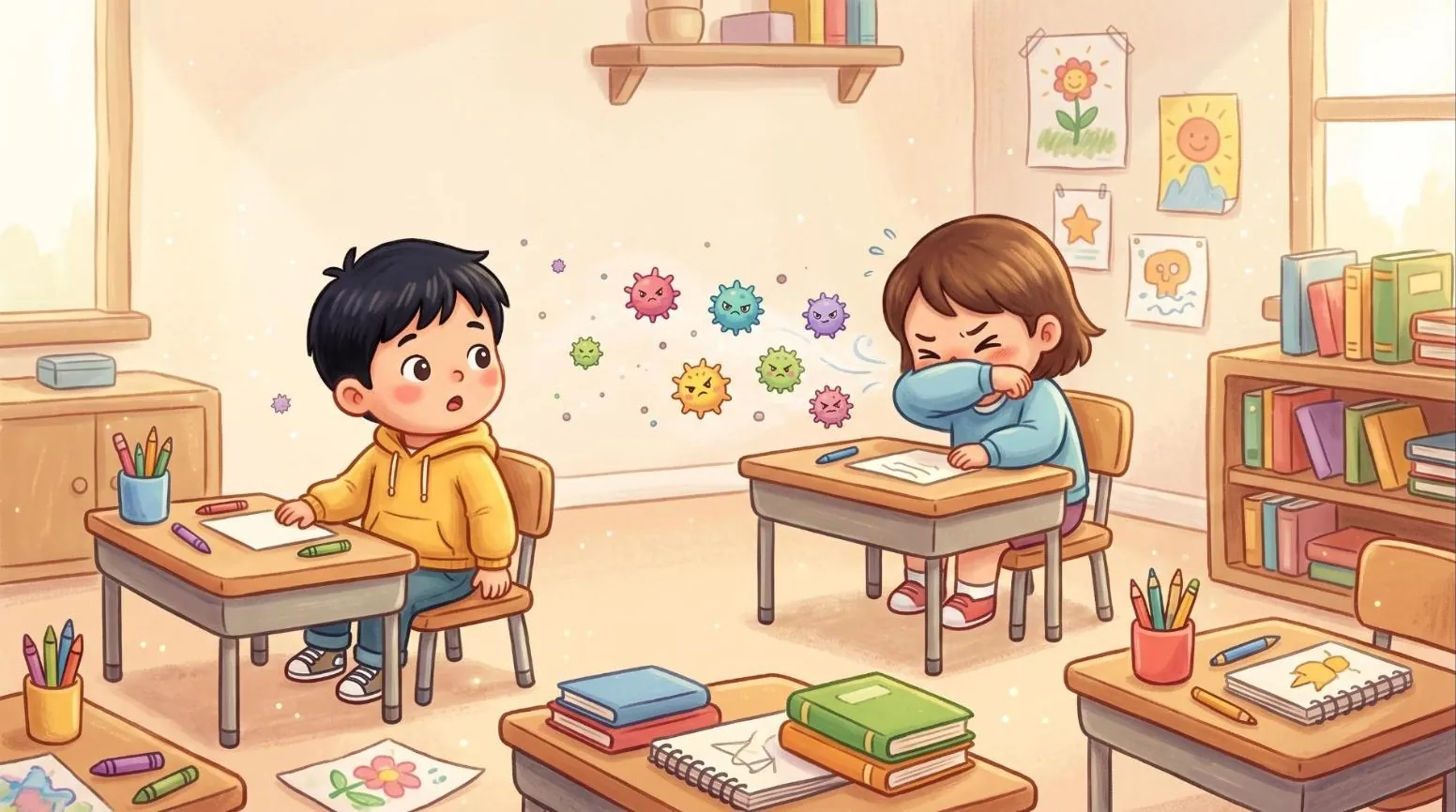 In a classroom, a girl sneezes into her elbow and tiny cartoon viruses float toward Leo.