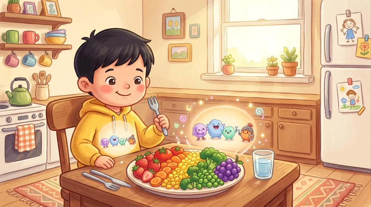 Leo eats a rainbow plate of fruits and vegetables while the defenders glow happily.