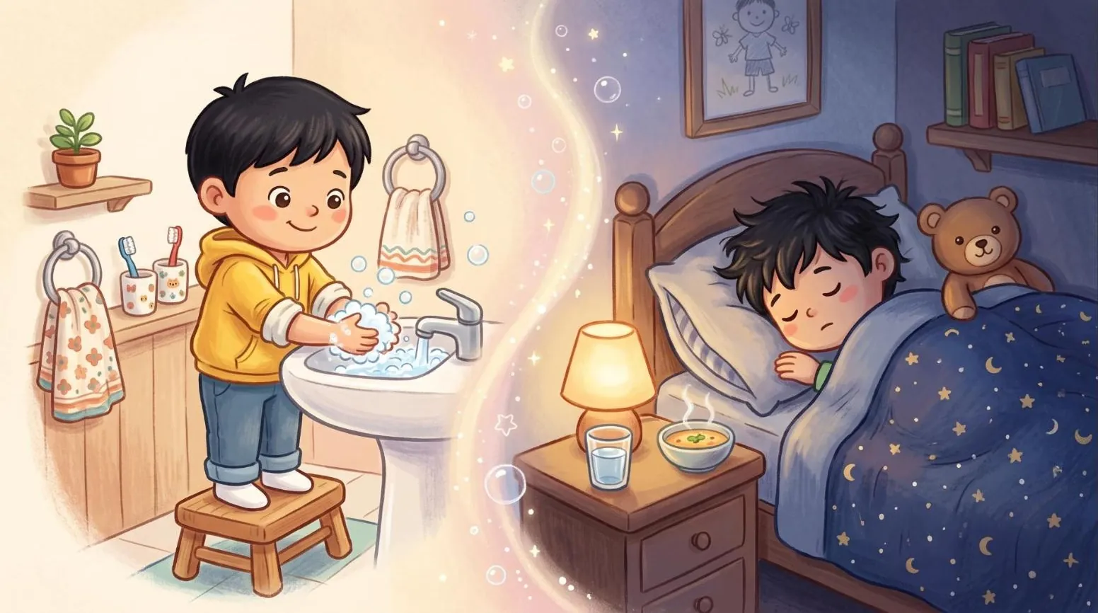 Leo washes his hands with soap, then sleeps cozily with water and soup by his bed.
