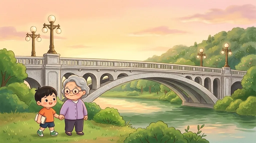 At sunset, a boy named Hao and his grandma hold hands on a riverbank and look at an elegant old gray arch bridge with bronze lamp posts.