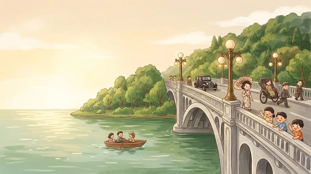 Long ago, people in old-fashioned clothes walk across the arch bridge: a lady with a parasol, a rickshaw, an old black car, and children waving, with bronze lamps shining.