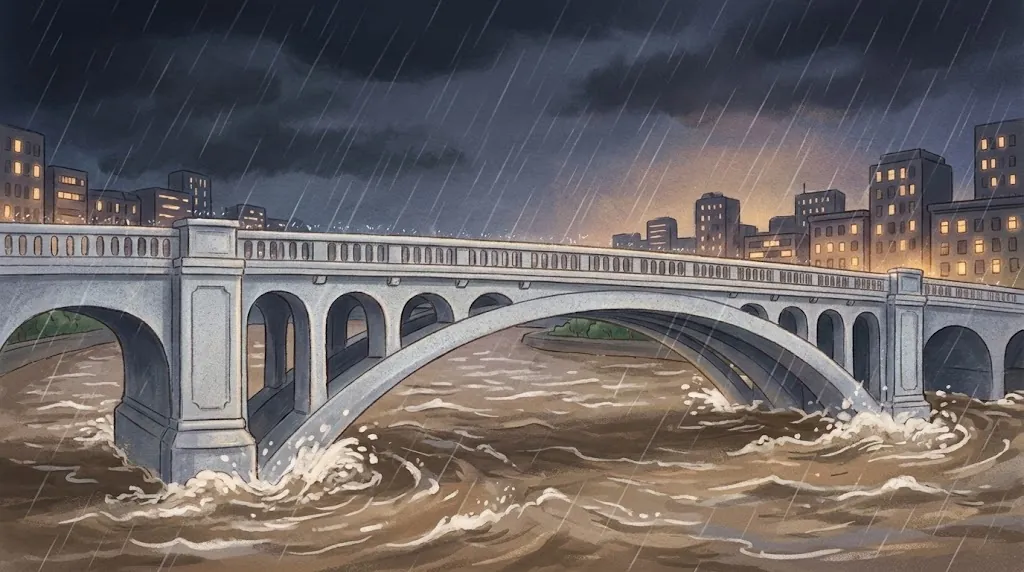 A typhoon night: heavy rain, and the muddy river rises high and squeezes between the thick piers of the bridge.