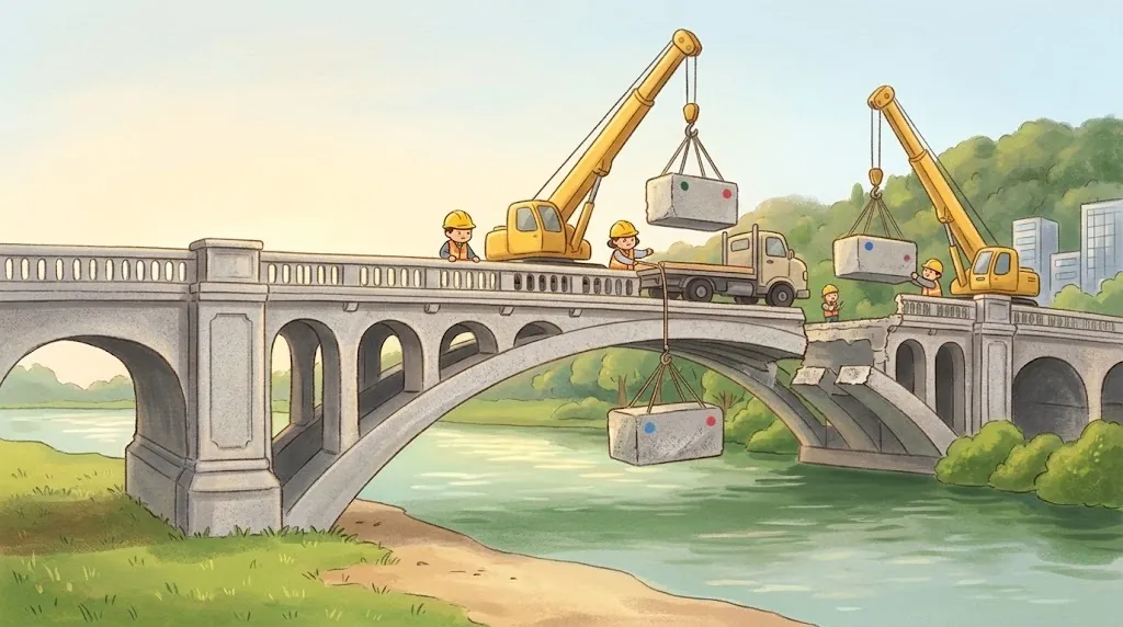 Yellow cranes carefully lift big gray blocks cut from the old bridge onto a truck, while friendly workers in hard hats guide them.