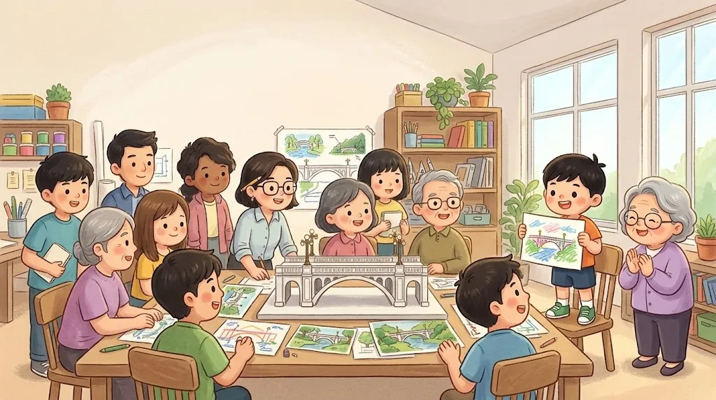 In a bright room, students, an architect and neighbors gather around a model of the arch bridge and colorful drawings, while Hao stands on a chair holding up his own drawing.
