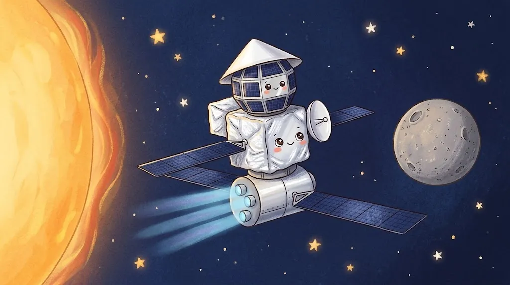Next to the huge glowing Sun, a little stack of spacecraft flies toward gray Mercury: an engine module with long solar wings and blue engine beams, Bepi the box-shaped spacecraft, and Mio peeking out of a white cone hat on top.