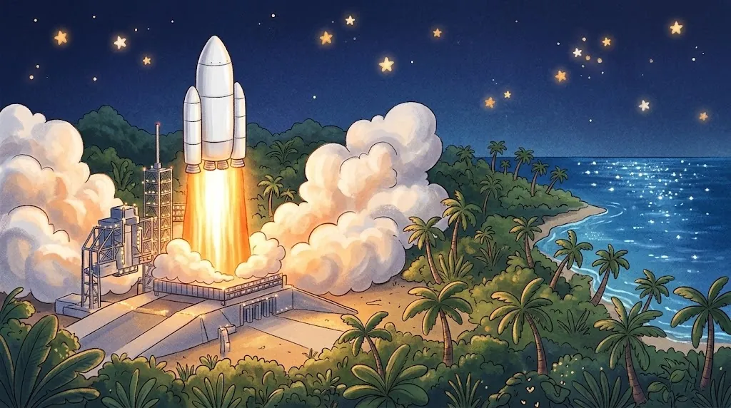 At night on a tropical coast, a big white rocket with two side boosters lifts off on a column of fire, with clouds of smoke and palm trees all around.