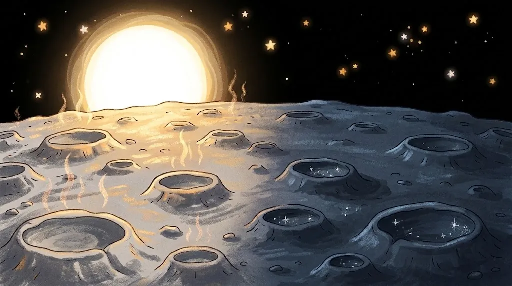 Mercury's surface, half in blazing sunlight under a huge Sun and half in freezing darkness with frost sparkling in a shadowed crater.