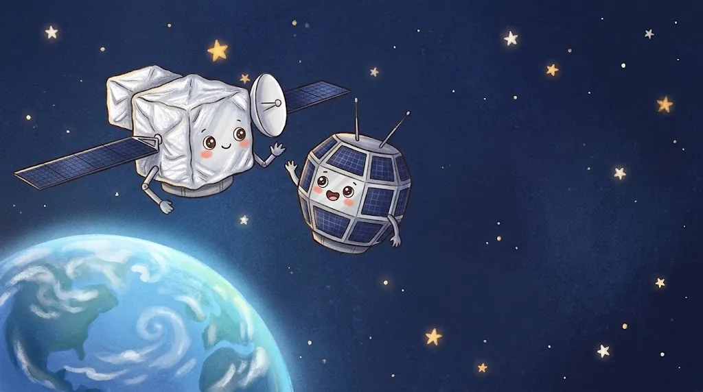 Bepi, a box-shaped silver spacecraft with a long solar wing and a dish antenna, and Mio, a small eight-sided drum-shaped spacecraft, float near Earth and wave hello.