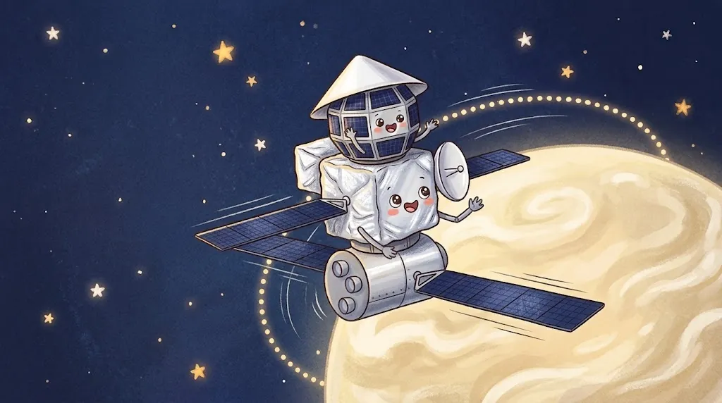 The spacecraft stack swings past the cloudy yellow planet Venus along a glowing curved path, and Bepi and Mio cheer.
